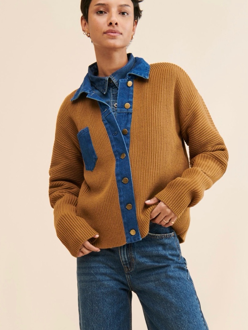 Relaxed Rib-Knit Cardigan in Camel